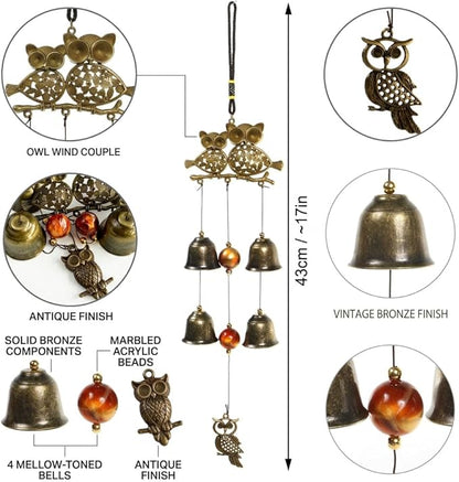 Owl Wind Chimes, 17.7 Inch Metal Garden Chimes with 4 Bells and 3 Owls, Indoor Outdoor Decorative Wind Catcher, Vintage Style (Owl)