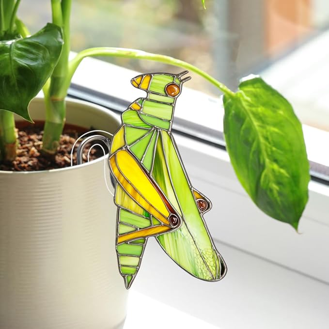JOONOR 2 Pieces Stained Acrylic Moth Flower Pot Hugger Cute Animal Moth Grasshopper Statue for Planter Hanger Decorations Outdoor Fairy Garden Planter Edge Accessories,Style E