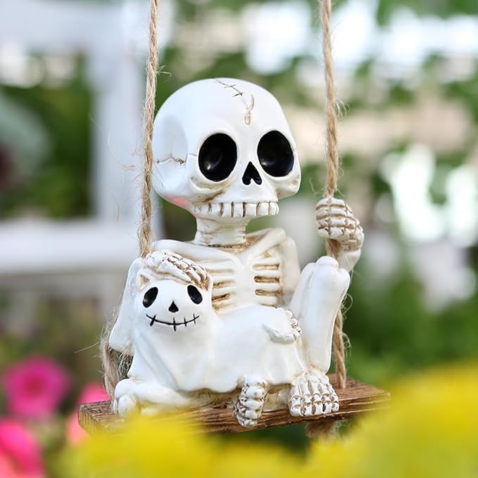 Swing Skeleton Holding Ghost Cat Garden Statue Outdoor Halloween Decor, 3.15 Inch Cute Skull Figurine Resin Sculpture Funny Tree Hanging Ornaments for Patio Lawn Yard