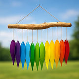 Rainbow Glass Wind Chime, Large 20″ – Multicolor Sandblasted Recycled Glass & Driftwood Coastal Hanging Chime for Porch, Patio & Home