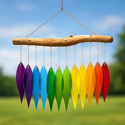 Rainbow Glass Wind Chime, Large 20″ – Multicolor Sandblasted Recycled Glass & Driftwood Coastal Hanging Chime for Porch, Patio & Home