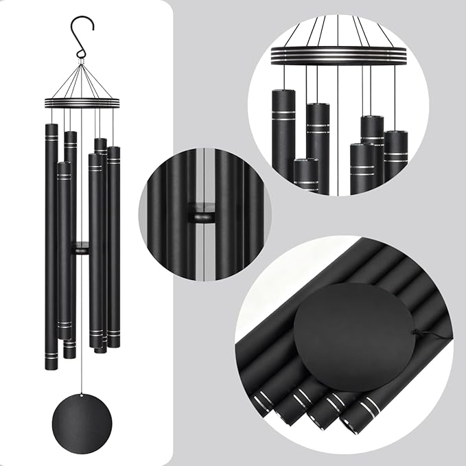 Extra Large Wind Chimes for Outside Deep Tone - Engraved Lines of Aluminum Tubes, Total 50 in Black Deep Tone Wind Chimes, Memorial Sympathy Gifts, Soothing Wind Chime Outdoor Garden Decor