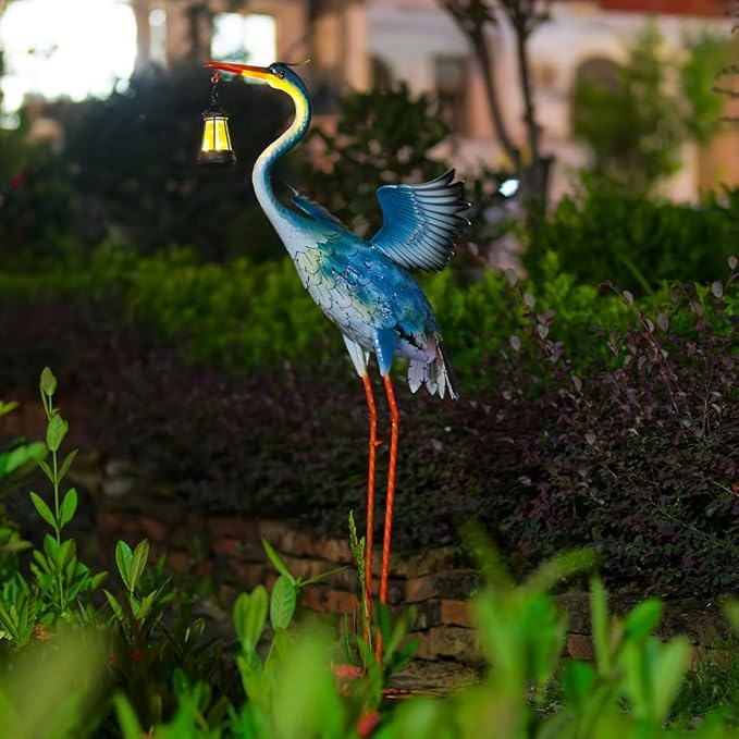 DREAMSOUL Solar Garden Statues 40.6 Inch Tall Heron Outdoor Statues, Metal Crane Statue for Garden, Patio, Yard Decor