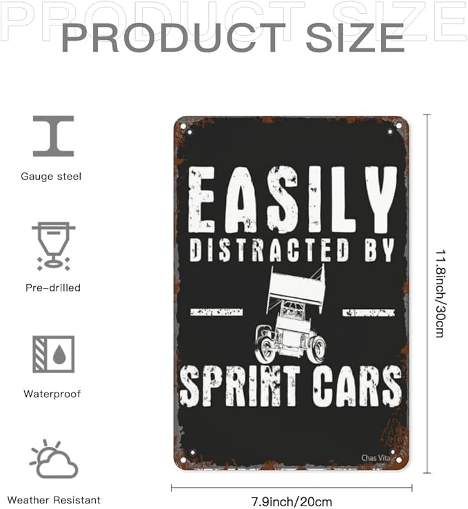 Patio Wall Decor Easily Distracted By Sprint Cars Metal Sign Fashionable Retro Bathroom,Yard,Wedding,Garage,Kitchen & More Decorative Wall Plaques With Inspiring Life Quotes 8X12inch