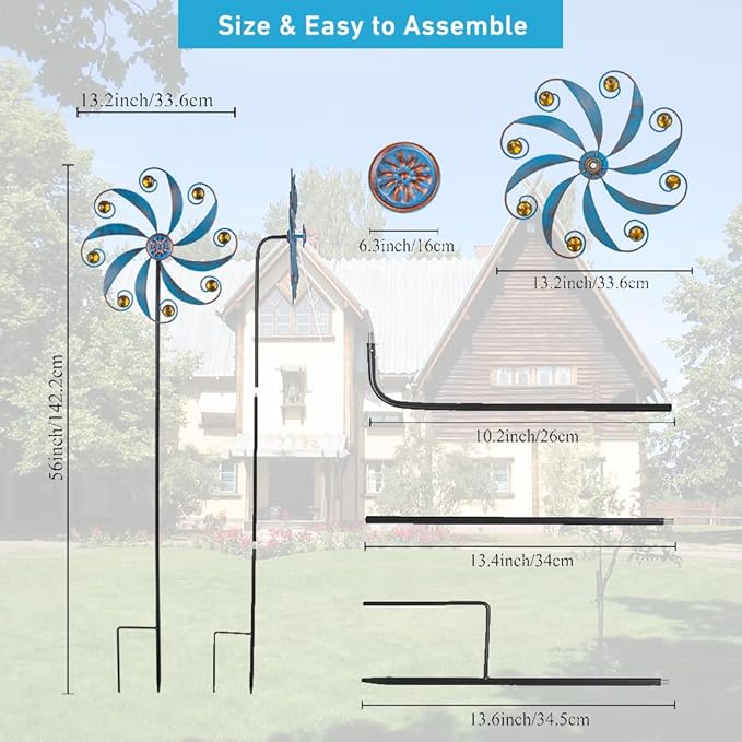 Stargarden 2Pack Wind Spinner, Metal Outdoor Wind Sculptures & Spinners, Small Garden Pinwheels for Yard and Garden Decor(Blue)