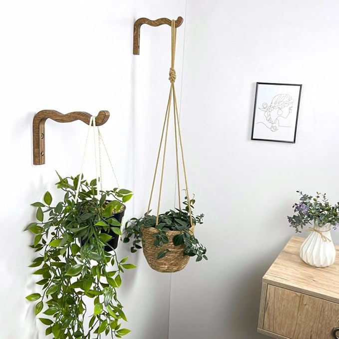 EvenWood 2-Piece Set of Wavy Wooden Wall Planters for Indoor Plants 6 Inch - Natural Plant Hook for Wall Plant, Wind Chimes, Flower Brackets, Patio Garden Decorations - Bracket Plant Hanger (Walnut)