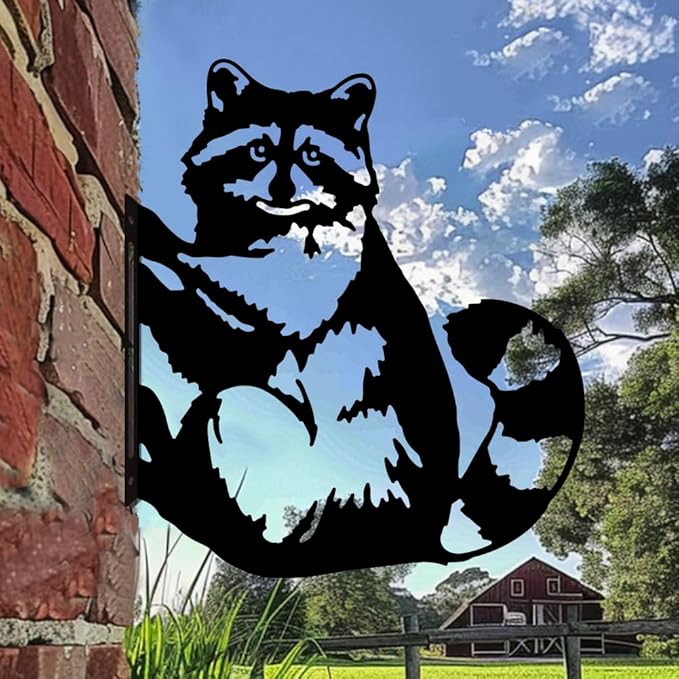 WADORN Metal Raccoon Garden Fence Decor, Raccoon Silhouette Decorative Farmhouse Statue Backard Wall Decor Cute Animal Yard Art Garden Stake for Garden Yard Patio Park Home Outdoor Decorations