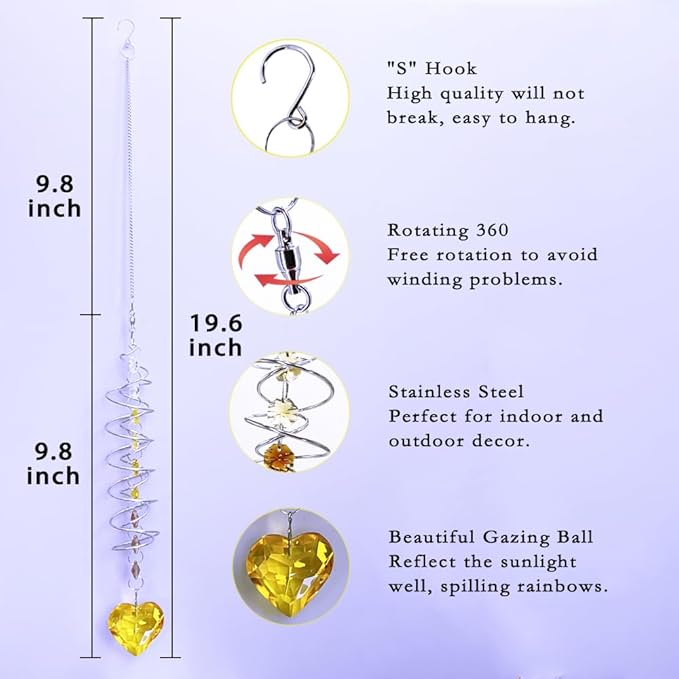 Big Heart Crystal Sun Catchers for Windows Hanging, Double-Spiral Design Gazing Ball Spiral Tail, Rainbow Maker Prism, Sun Catchers Indoor Window for Kitchen, Patio, Porch, Garden(Yellow)