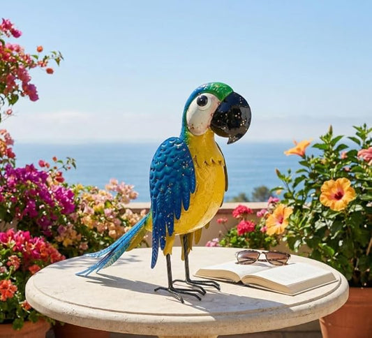 Tropical Parrot Metal Colorful Enameled Garden Outdoor Statue Blue, Home Decor, Porch Accessory, Patio and Lawn Yard Art, Garden Decor Animal Sculpture Ornament