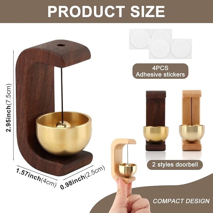 2Pcs Magnetic Shopkeepers Bell for Door Opening - Vintage Wooden Wind Chime Doorbell with Brass Bell, Wireless Adhesive Door Chime for Housewarming Gift Refrigerator Room Garden(Brown，Light)