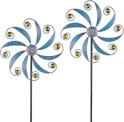 Stargarden 2Pack Wind Spinner, Metal Outdoor Wind Sculptures & Spinners, Small Garden Pinwheels for Yard and Garden Decor(Blue)