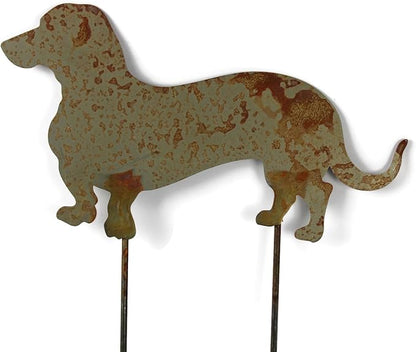 Pets and Farm Animals Metal Garden Landscape Stake (15" Wide Wiener Dog on Two Short Stakes, Naturally Rusted)