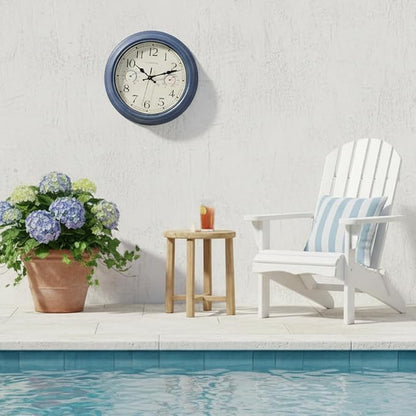 Crosstime 12 Inch Outdoor Clock with Thermometer & Hygrometer, Vintage Blue Wall Clock Waterproof, Easy to Read Decor for Patio,Garden, Pool, Backyard, Farmhouse, Bathroom