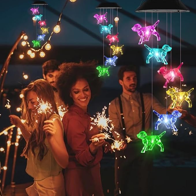 Dog Solar Wind Chimes for Outside - AIONASA Color Changing LED Solar Hanging Lights Outdoor, Waterproof Windchimes Outdoors Hanging Gifts for Mom Grandma Women, Home Garden Patio Yard Porch Decoration