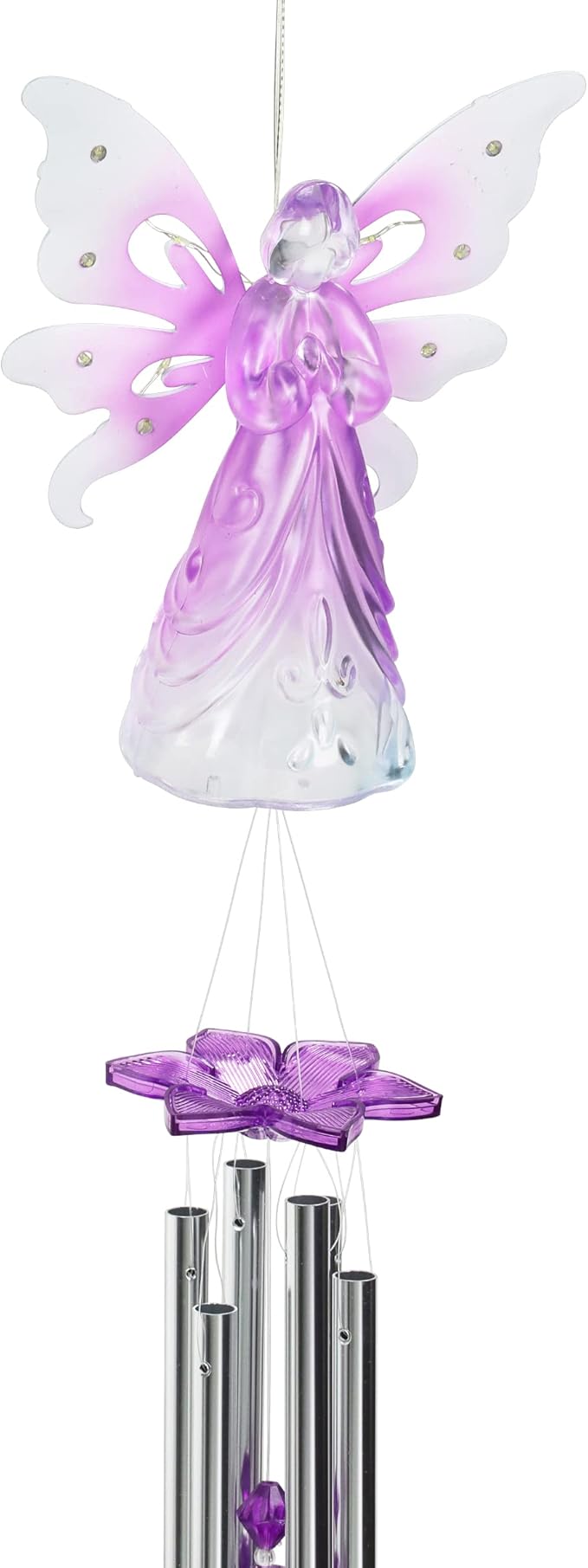 Exhart Wind Chimes, Solar Angel Wind Chime with Metal Wings, 13 LED Firefly Lights, Purple Acrylic Large Lawn and Yard Decoration, 6.5 x 4 x 42 Inch