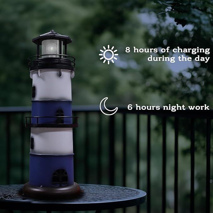 Solar Metal Lighthouse - Outdoor Garden Lighthouse with Rotating LED Light, Water Resistant, Blue, Round