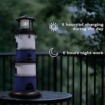 Solar Metal Lighthouse - Outdoor Garden Lighthouse with Rotating LED Light, Water Resistant, Blue, Round