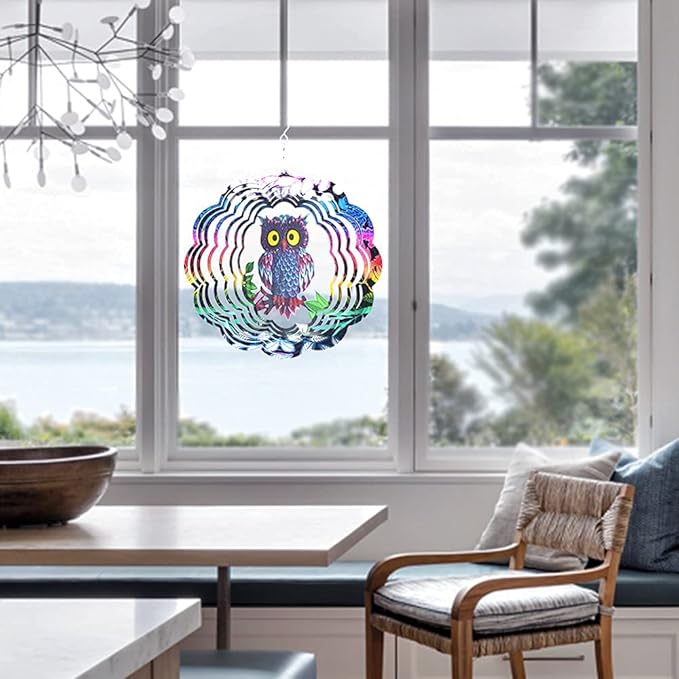 Owl Wind Spinner, 3D Kinetic Art with Sparkling Glitter, 12 Inch Multi-Layer Stainless Steel Garden Decor, Weatherproof Yard Spinner for Patio, Porch, Indoor Holiday Decoration