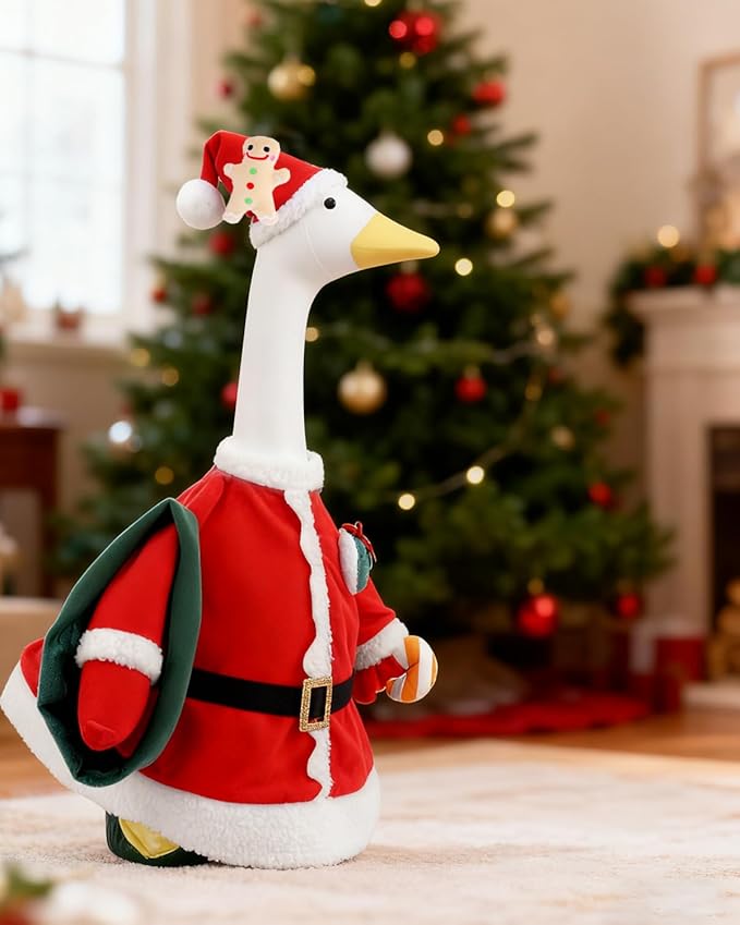 Christmas Porch Goose Outfit, 23" Cement or Plastic Goose Statue Costume, Porch Goose Outfits for Patio, Yard & Garden, Cozy Holiday Décor Adds Cheer with Cute Christmas Hat