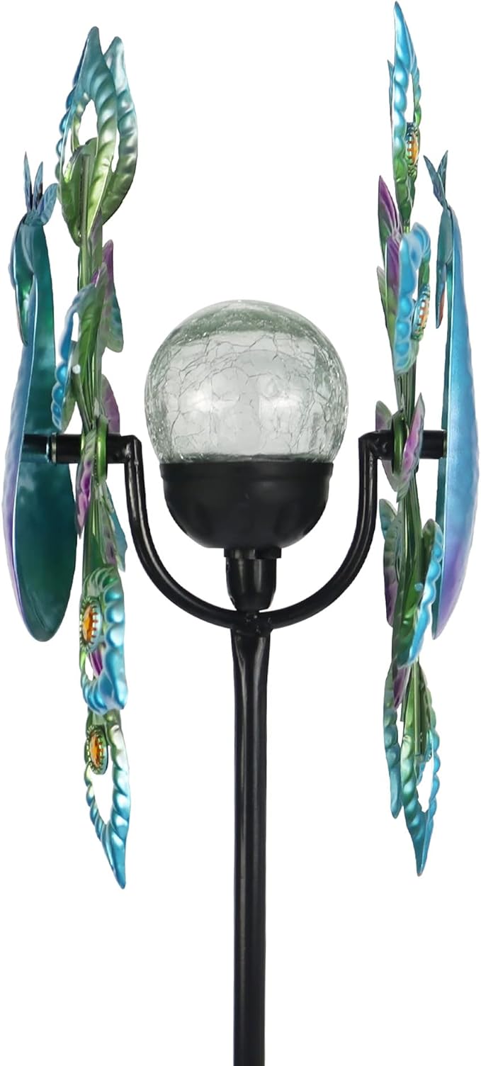 Peacock Solar Wind Spinner, 62Inch Double Wind Sculpture with Color Changing LED Light, Wind Sculptures & Spinners Outdoor Metal Stake Yard Spinners