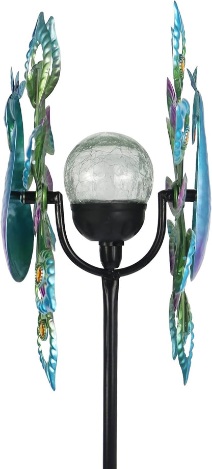 Peacock Solar Wind Spinner, 62Inch Double Wind Sculpture with Color Changing LED Light, Wind Sculptures & Spinners Outdoor Metal Stake Yard Spinners