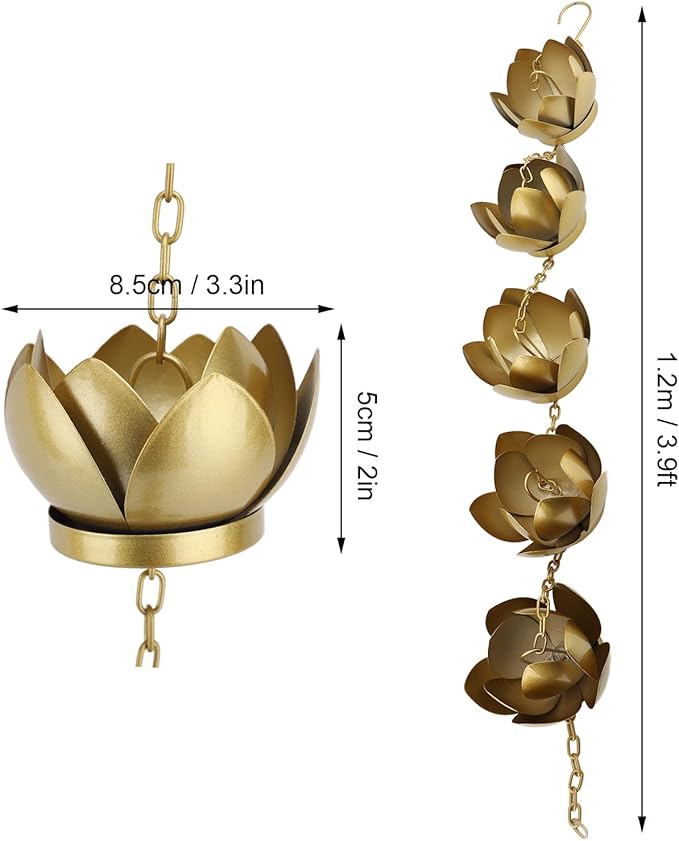 Zerodis Rain Chains Plated Rain Chain Cups Gold Flower Galvanized Iron Proof Rain Catcher Chain for Home Outdoor Decoration Chains Decorative Iron Gutter Chain Copper