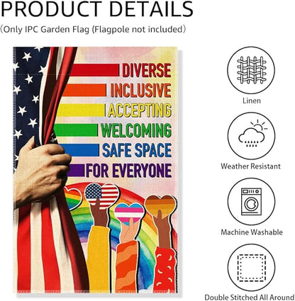 Diverse Inclusive Accepting Welcoming Garden Flag, LGBTQ Pride Ally Flags for Outside, Inclusion And Equality Yard Sign, Diversity Safe Social Justice Kindness Banner, Liberal Outdoor Decor