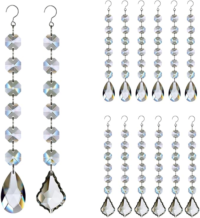 12pcs Glass Crystal Chandelier Prisms Beads Replacement, Hanging Crystals Suncatcher for Chandeliers Decoration