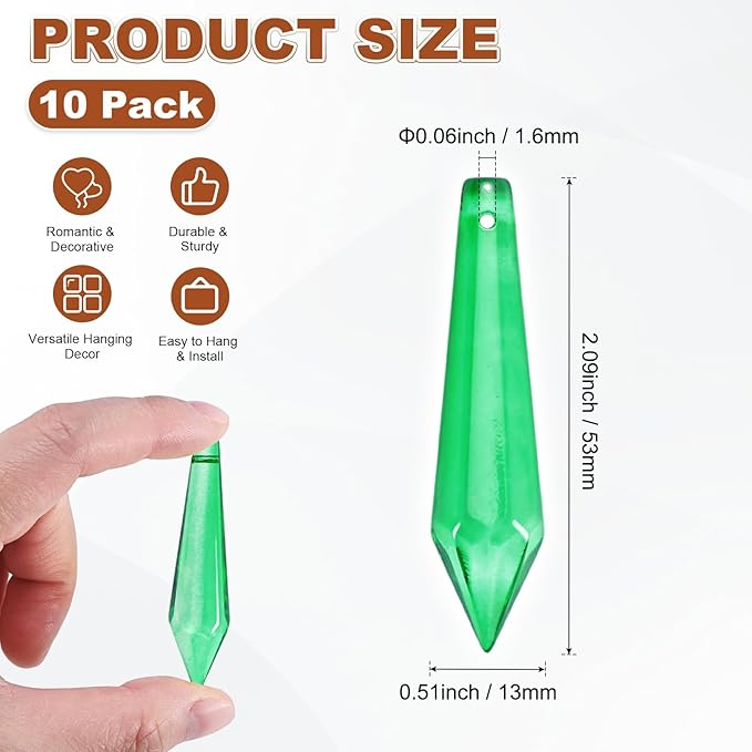 M METERXITY 10-Pack Crystal Icicle Prisms, 53mm/2.09 Inch Chandelier Pendant Maker Hanging Crystals Chandelier Prisms for Home/Windows/Garden/DIY Decoration[Green]