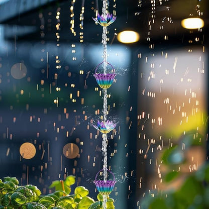 9.97ft Lotus Rain Chain for Outside, Metal Rain Chain with 16 Cups, Adjustable Rain Catcher Chain for Outside, Replacement Downspout for Gutters, Eaves, Drainage