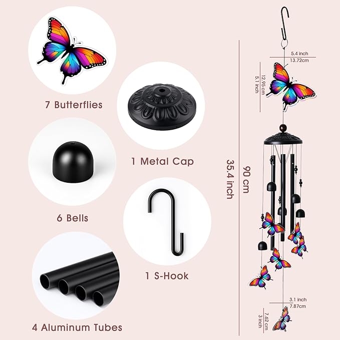 Butterfly Wind Chimes for Outside, Black Metal Acrylic Windchimes Outdoors, Butterfly Gifts for Women Men, Garden Yard Decor, Memorial/Birthday Gifts for Grandma Mom, Durable Chimes for Outdoors