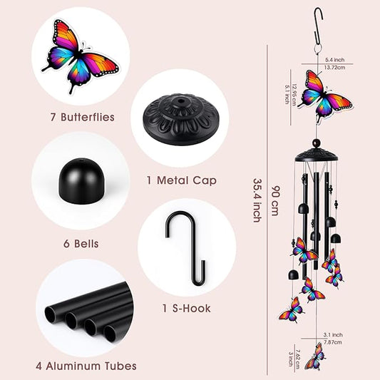 Butterfly Wind Chimes for Outside, Black Metal Acrylic Windchimes Outdoors, Butterfly Gifts for Women Men, Garden Yard Decor, Memorial/Birthday Gifts for Grandma Mom, Durable Chimes for Outdoors