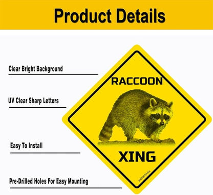 Raccoon Xing Crossing Sign Funny Novelty Metal Tin Sign for Bar Club Country Home Coffee Shop Indoor& Outdoor Decor Yellow Street Sign 12X12inch