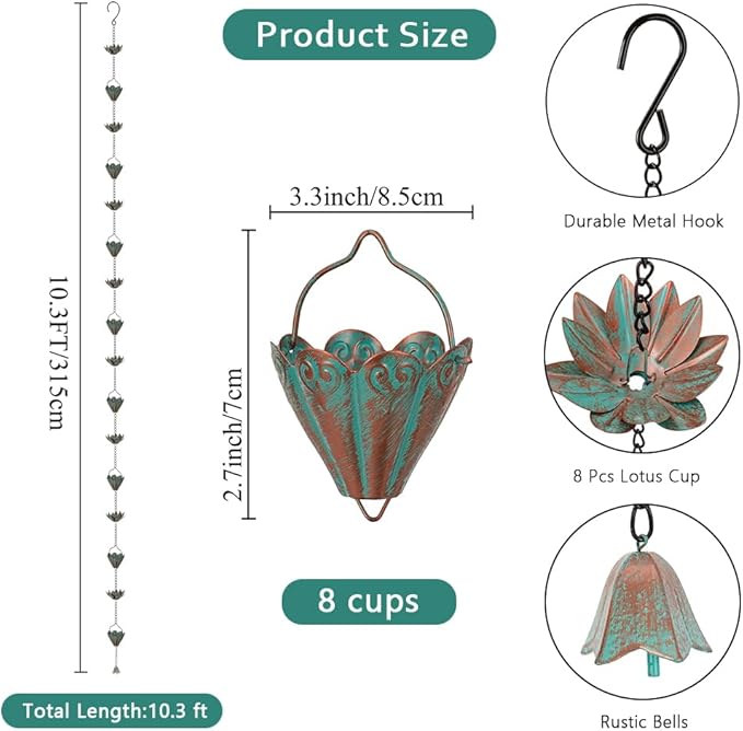 Lotus Rain Chains for Gutters, Rain Chains with 8 Cups, Adjustable Rain Catcher Chain for Outside, Replacement Downspout for Gutters, Eaves, Drainage