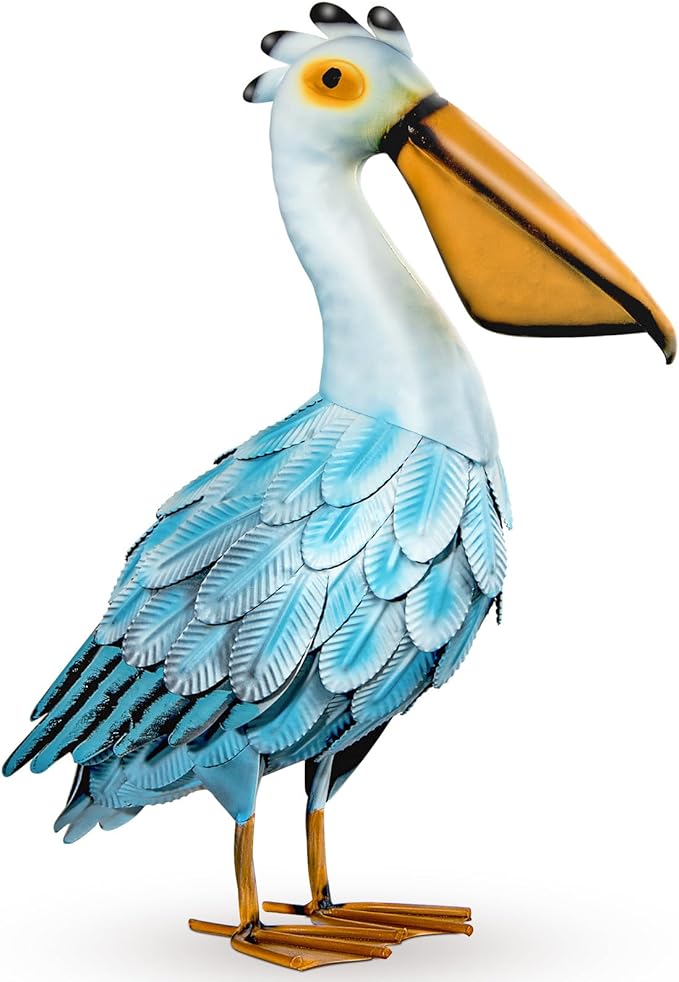 Metal Pelican Garden Statues, Light Blue Pelican Coastal Decor for Outdoor Yard Beach Lawn Patio Pool Display (Color-1)