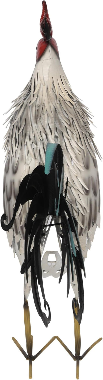 Alpine Corporation 28" Tall Outdoor Metal Feathered Rooster Statue with Vibrant Design, Garden Decor, White/Black