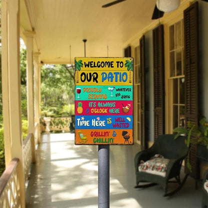 Welcome To Our Patio Signs Proudly Serving Whatever You Bring Rustic Aluminum Metal Sign for Porch Plaque Outdoor Decor 8 x 12 inch