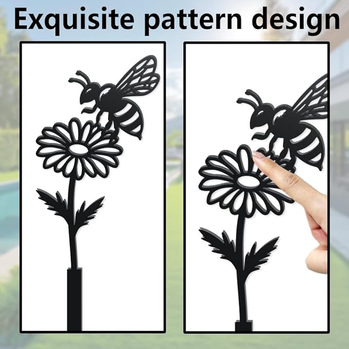 WADORN Wild Daisy Flower Bee Metal Decorative Garden Stakes, Funny Flower Insect Metal Silhouette Statues Funny Garden Ornament Gifts Black Yard Art Decor for Outdoor Backyard Patio Lawn Walkways