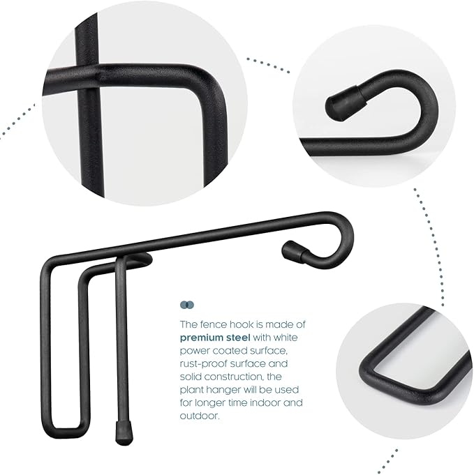 Vinyl Fence Hooks for Hanging, Heavy Duty Patio Hangers, Outdoor Fence Hangers for Hanging Flower Baskets, Wind Chimes, Planters, Bird Feeders, Lights, Lanterns - 2 Pack - Black Color