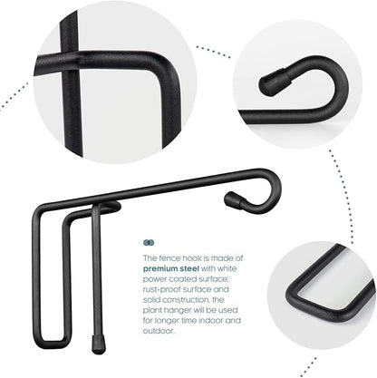 Vinyl Fence Hooks for Hanging, Heavy Duty Patio Hangers, Outdoor Fence Hangers for Hanging Flower Baskets, Wind Chimes, Planters, Bird Feeders, Lights, Lanterns - 2 Pack - Black Color
