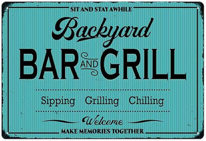 SCAZOMV Backyard Bar and Grill Metal Sign - Indoor/Outdoor Patio Decor for Home Barbecue - Funny Accessories for Home Bar