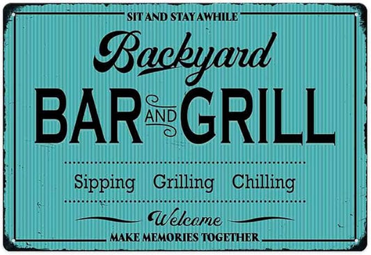 SCAZOMV Backyard Bar and Grill Metal Sign - Indoor/Outdoor Patio Decor for Home Barbecue - Funny Accessories for Home Bar
