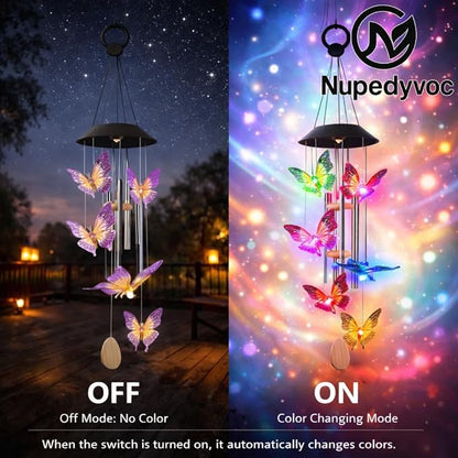 36” Butterfly Aluminum Tube Solar Light LED Wind Chime for Outside, Weather Resistant Decoration Outdoor Garden Patio Soft Tone Decor, Gift for Birthday, Mother's Day, Relaxation