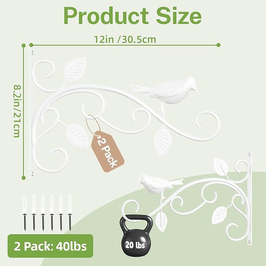 iDavosic.ly Plant Hangers Outdoor 2-Pack, 12 Inch Heavy Duty Iron Wall Brackets for Hanging Plants, Baskets, Bird Feeders, Lanterns, Wind Chimes, Indoor Metal Hooks for Garden Porch Patio, White