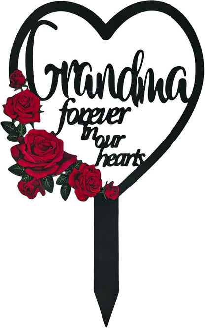 AIM & GGKK Memorial Stake for Grandma - Metal Heart Grave Marker with Red Roses, Memorial Plaque Cemetery Decor for Grave, Garden, Gravesite