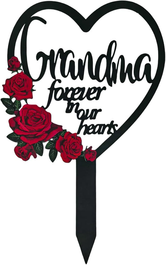 AIM & GGKK Memorial Stake for Grandma - Metal Heart Grave Marker with Red Roses, Memorial Plaque Cemetery Decor for Grave, Garden, Gravesite