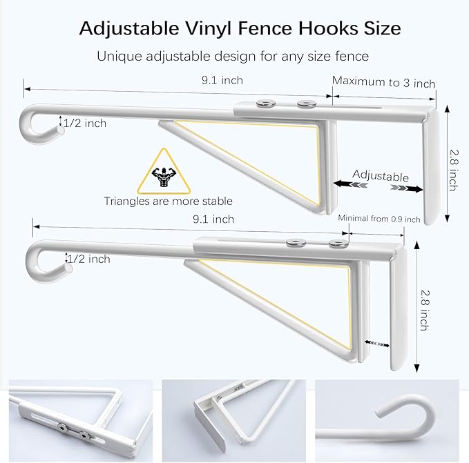 Adjustable (0.9-3") Vinyl Fence Hooks for Hanging Plants, Over the Railing Fence Plant Hangers Outdoor, White Heavy Duty Coated Steel Patio Hooks for Hanging Bird Feeders, Lights, Basket, Pool Tools