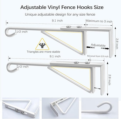 Adjustable (0.9-3") Vinyl Fence Hooks for Hanging Plants, Over the Railing Fence Plant Hangers Outdoor, White Heavy Duty Coated Steel Patio Hooks for Hanging Bird Feeders, Lights, Basket, Pool Tools