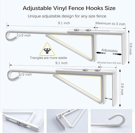 Adjustable (0.9-3") Vinyl Fence Hooks for Hanging Plants, Over the Railing Fence Plant Hangers Outdoor, White Heavy Duty Coated Steel Patio Hooks for Hanging Bird Feeders, Lights, Basket, Pool Tools