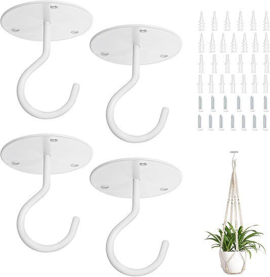 Mkono Ceiling Hooks for Hanging Plants, Metal Plant Hanger Bracket Wall Mount Hooks for Hanging Bird Feeders, Lanterns, Wind Chimes, Planters, Indoor&Outdoor Decoration Hooks (4-Pack) (White)